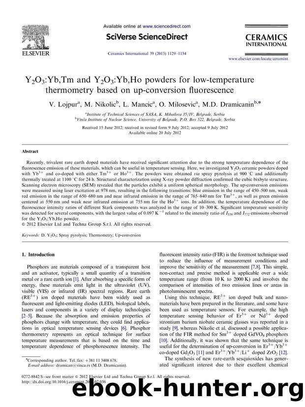 Y2O3Yb,Tm and Y2O3Yb,Ho powders for low-temperature thermometry based on up-conversion fluorescence by V. Lojpur & M. Nikolic & L. Mancic & O. Milosevic & M.D. Dramicanin