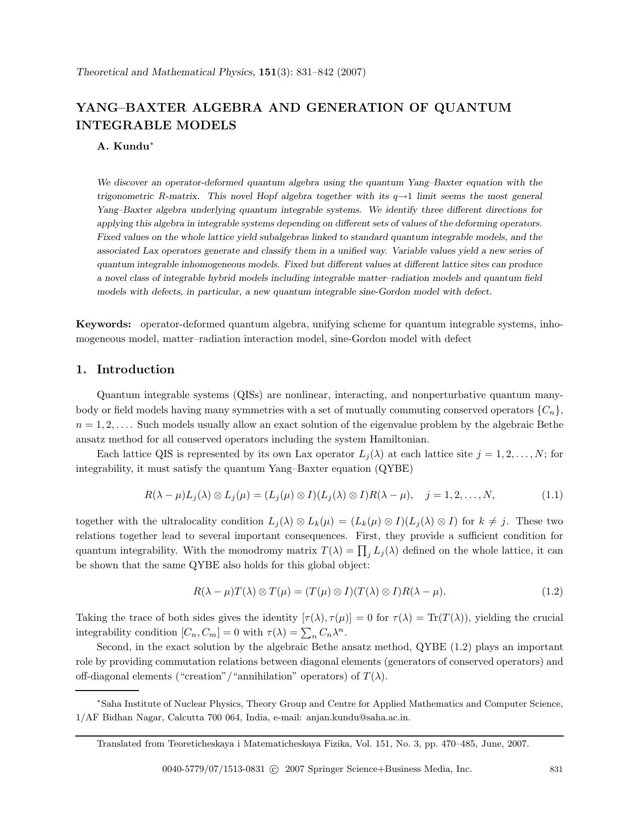 Yang-Baxter algebra and generation of quantum integrable models by Unknown