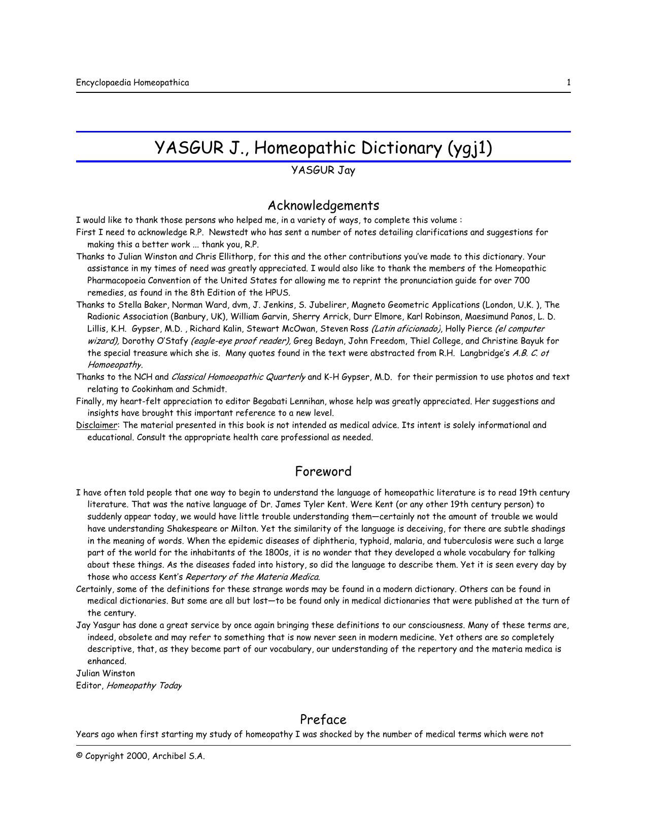 Yasgur's Homeopathic Dictionary, and Holistic Health Reference by Jay Yasgur