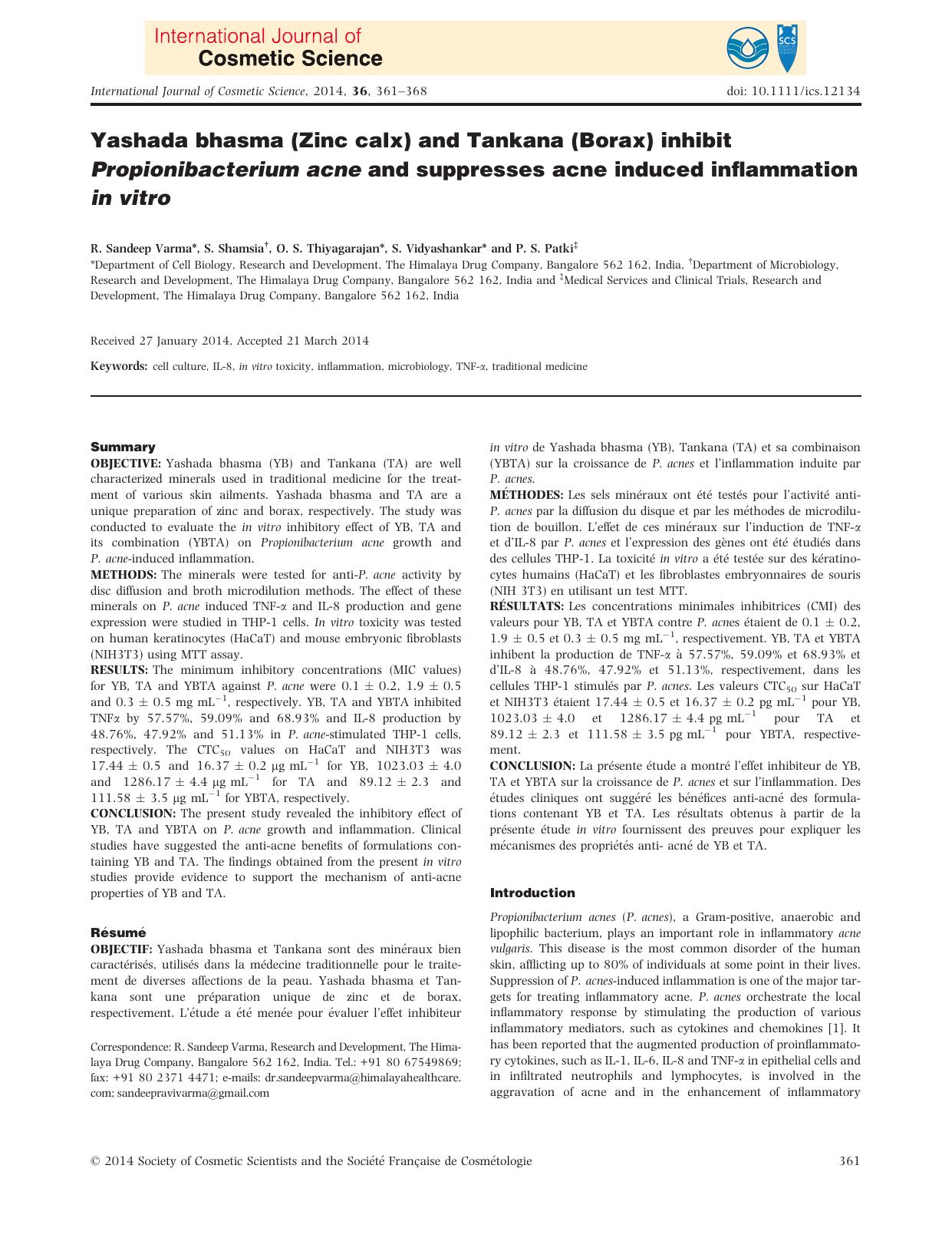 Yashada bhasma (Zinc calx) and Tankana (Borax) inhibit Propionibacterium acne and suppresses acne induced inflammation in vitro by Unknown