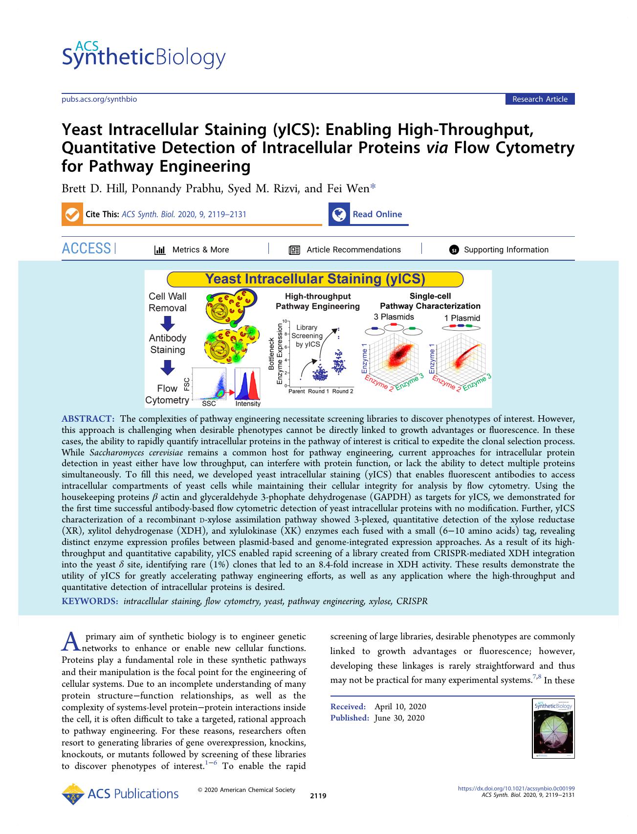 Yeast Intracellular Staining (yICS): Enabling High-Throughput, Quantitative Detection of Intracellular Proteins via Flow Cytometry for Pathway Engineering by Brett D. Hill Ponnandy Prabhu Syed M. Rizvi and Fei Wen