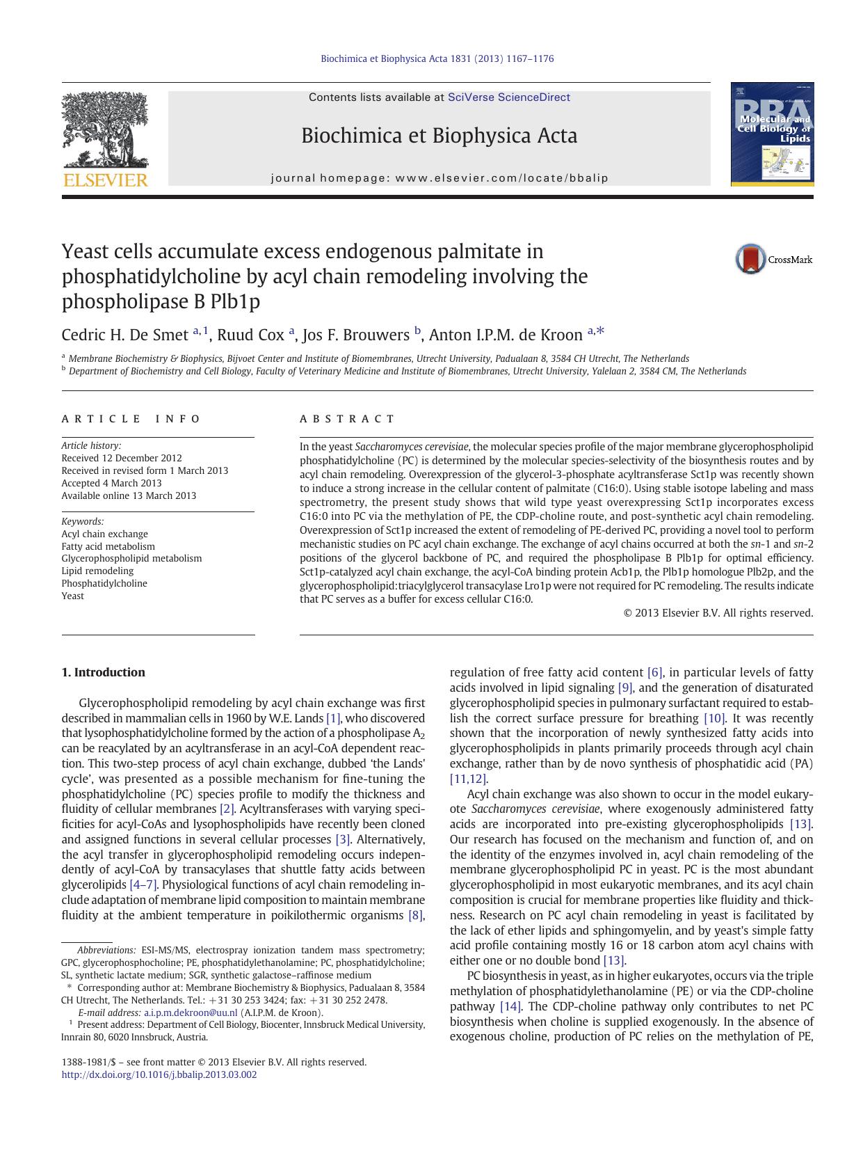Yeast cells accumulate excess endogenous palmitate in phosphatidylcholine by acyl chain remodeling involving the phospholipase B Plb1p by Cedric H. De Smet & Ruud Cox & Jos F. Brouwers & Anton I.P.M. de Kroon