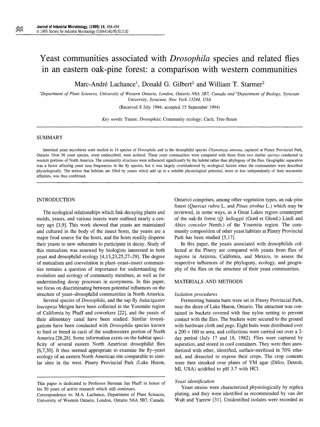 Yeast communities associated with <Emphasis Type="Italic">Drosophila <Emphasis> species and related flies in an eastern oak-pine forest: A comparison with western communities by Unknown