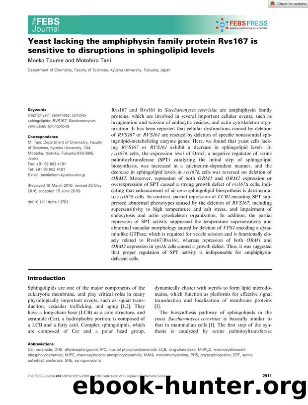 Yeast lacking the amphiphysin family protein Rvs167 is sensitive to disruptions in sphingolipid levels by Unknown
