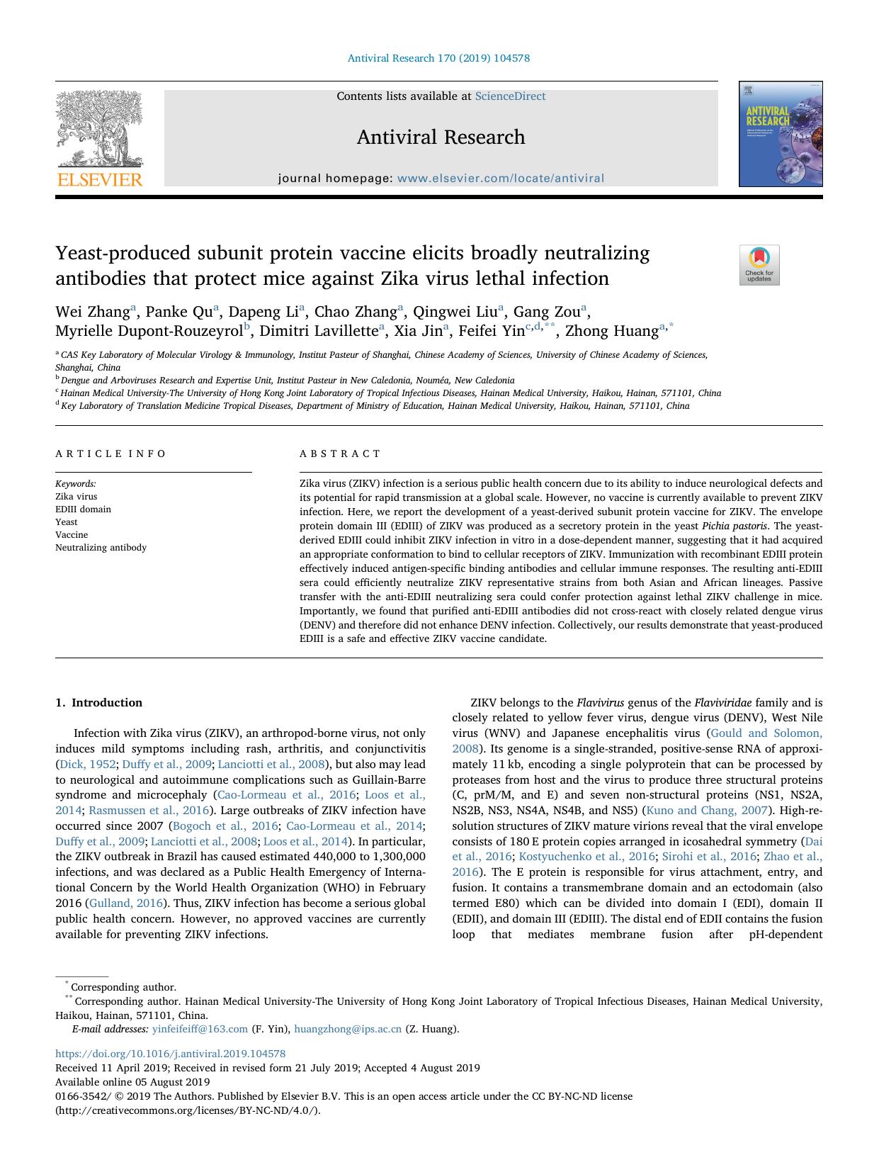Yeast-produced subunit protein vaccine elicits broadly neutralizing antibodies that protect mice against Zika virus lethal infection by unknow
