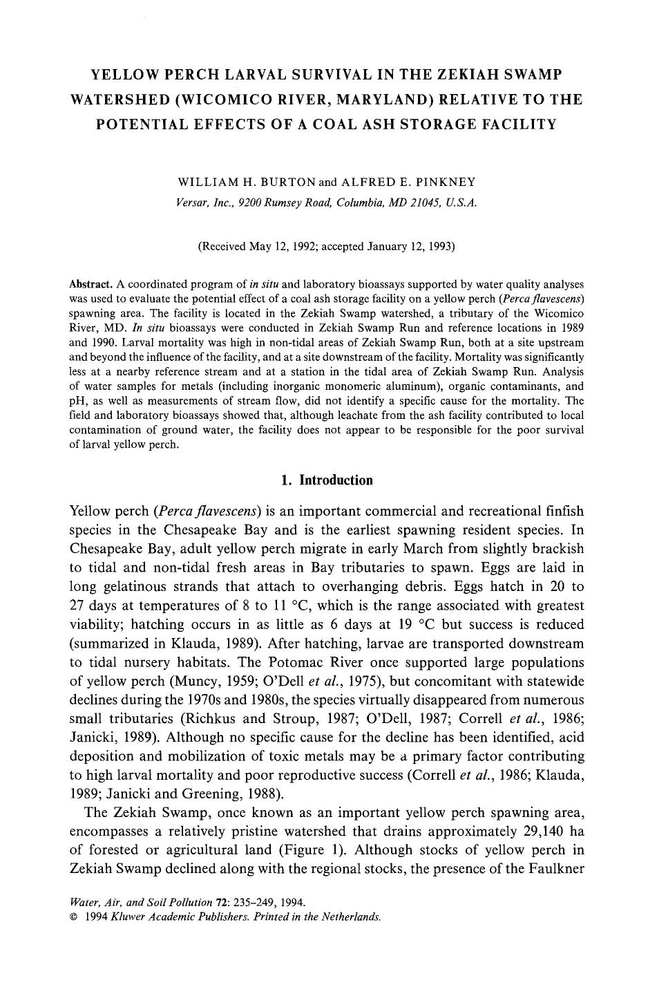 Yellow perch larval survival in the Zekiah Swamp watershed (Wicomico River, Maryland) relative to the potential effects of a coal ash storage facility by Unknown