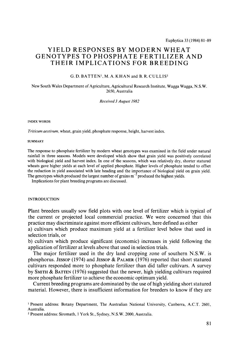 Yield responses by modern wheat genotypes to phosphate fertilizer and their implications for breeding by Unknown