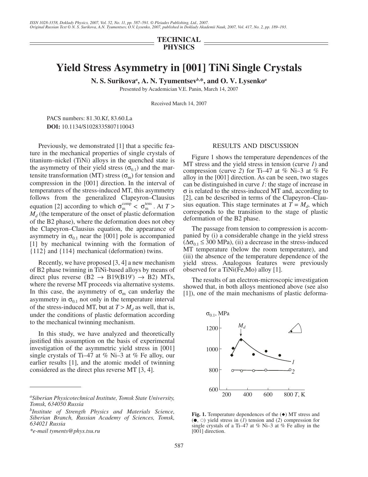 Yield stress asymmetry in [001] TiNi single crystals by Unknown