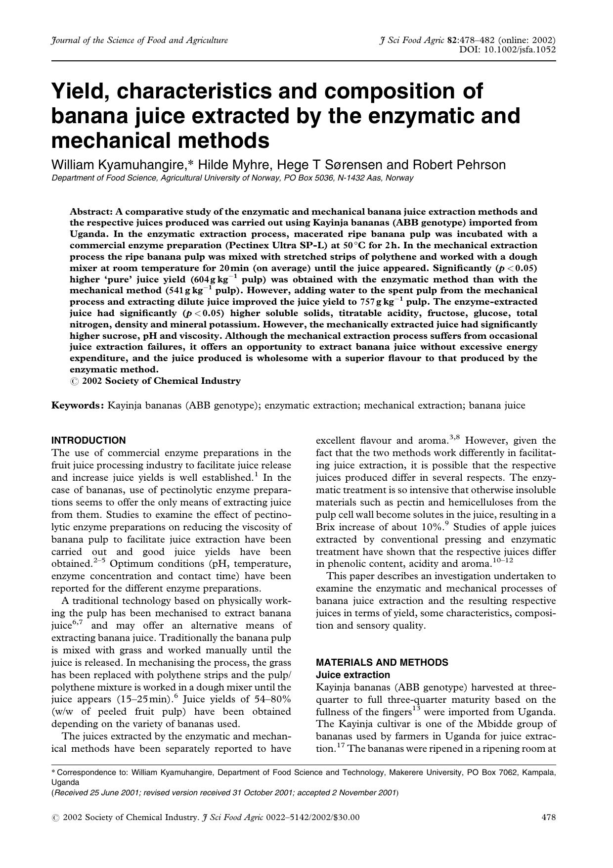 Yield, characteristics and composition of banana juice extracted by the enzymatic and mechanical methods by Unknown