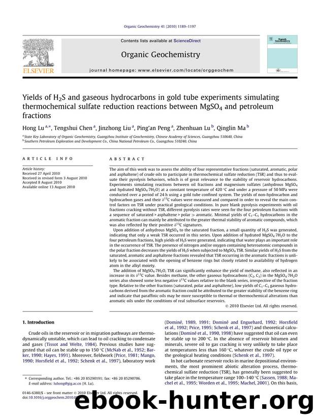 Yields of H2S and gaseous hydrocarbons in gold tube experiments simulating thermochemical sulfate reduction reactions between MgSO4 and petroleum fractions by Hong Lu & Tengshui Chen & Jinzhong Liu & Ping’an Peng & Zhenhuan Lu & Qinglin Ma