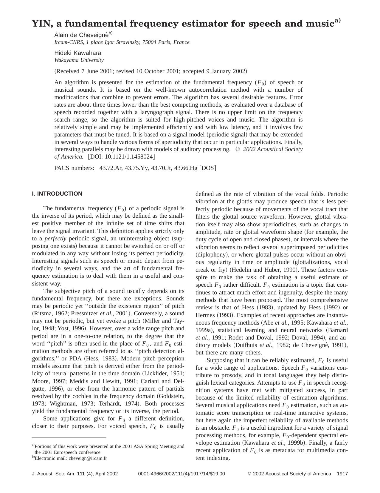 Yin, a fundamental frequency estimator for speech and music by De Cheveigne Alain Kawahara Hideki