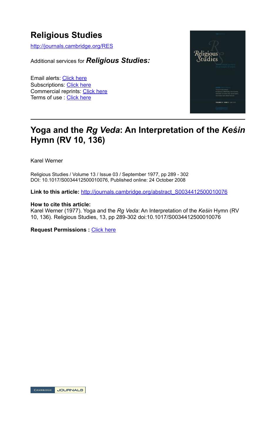 Yoga and the Rg Veda: An Interpretation of the Keśin Hymn (RV 10, 136) by Karel Werner