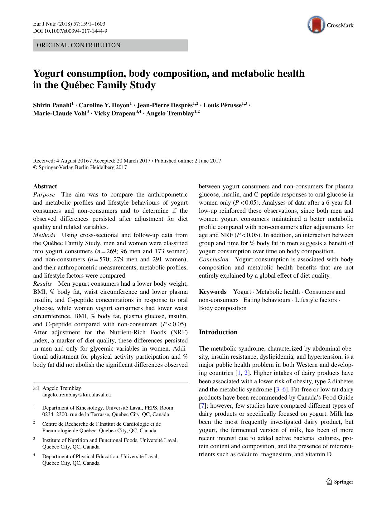 Yogurt consumption, body composition, and metabolic health in the QuÃ©bec Family Study by Shirin Panahi