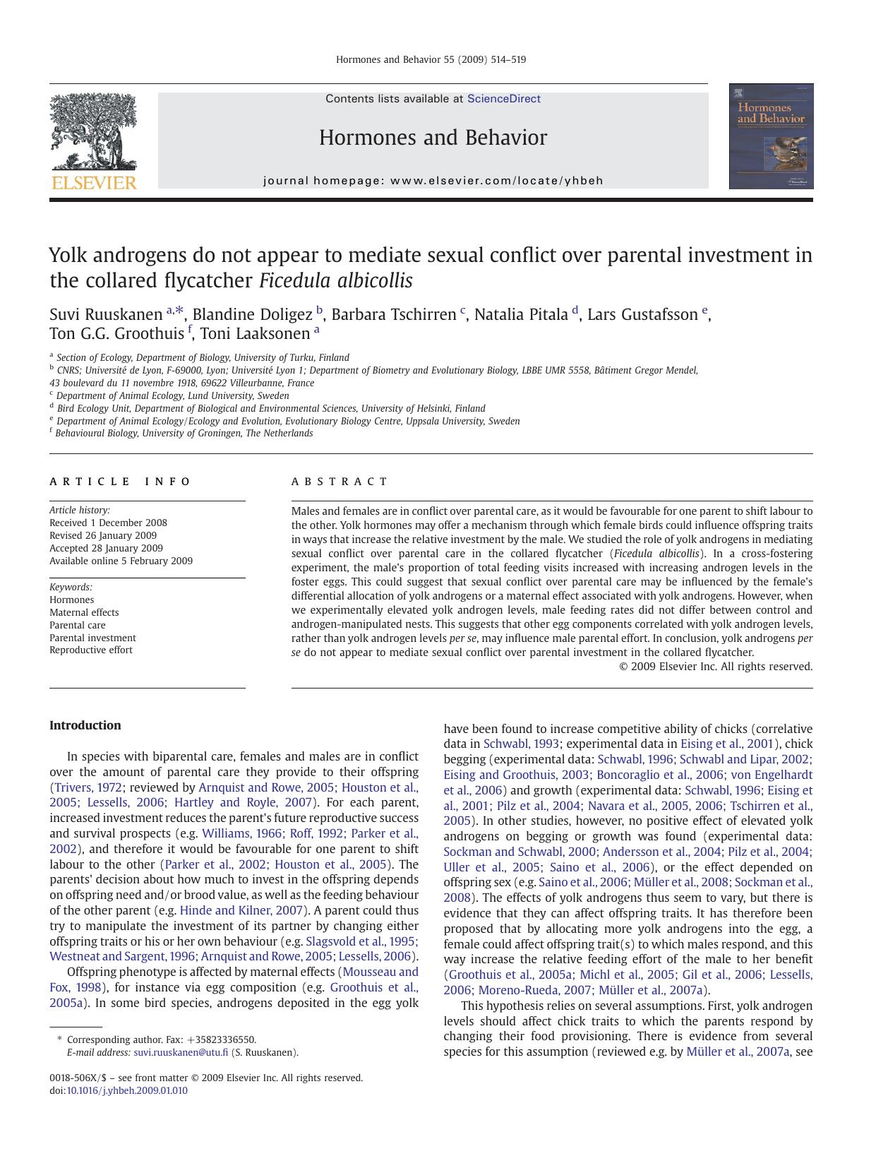 Yolk androgens do not appear to mediate sexual conflict over parental investment in the collared flycatcher Ficedula albicollis by unknow