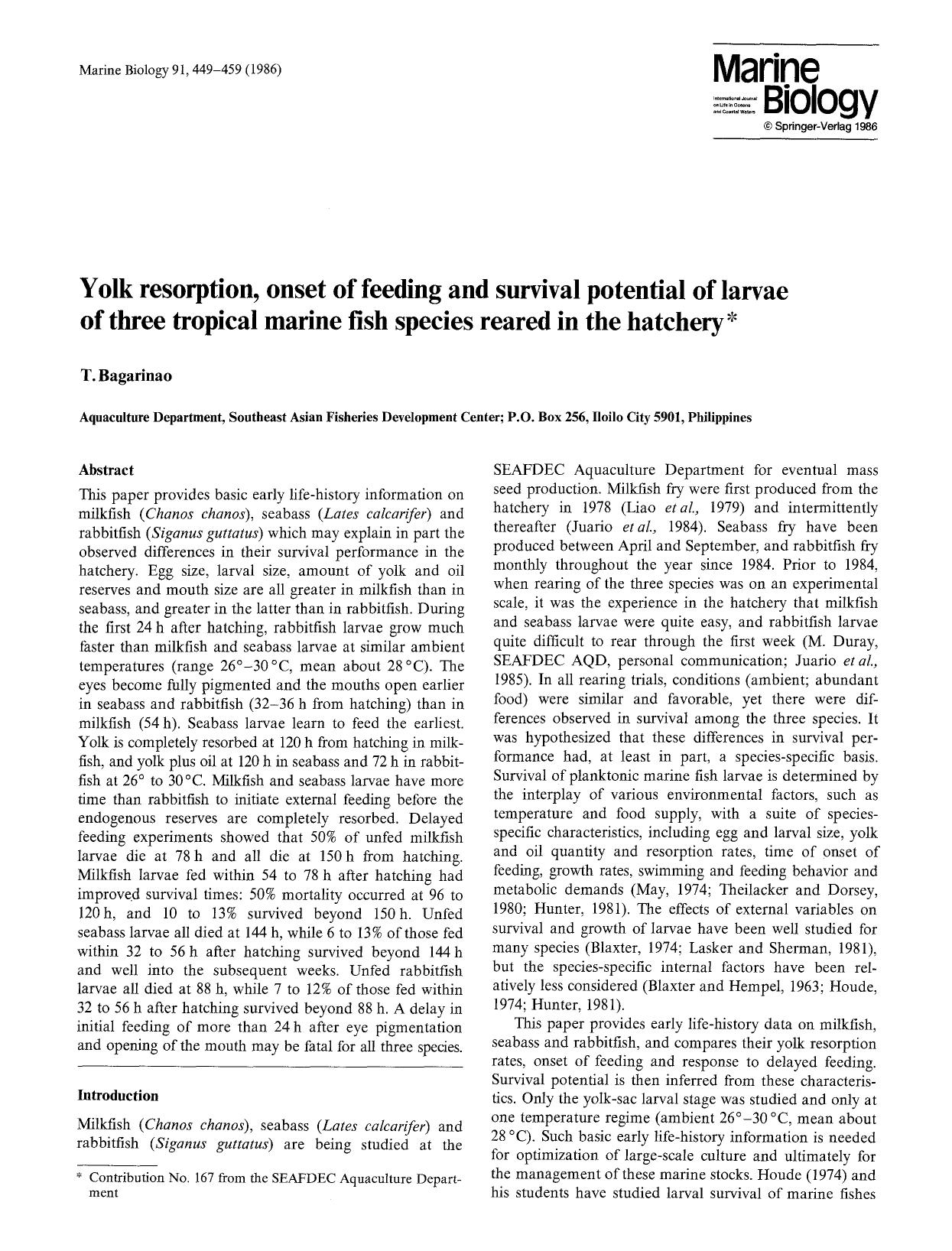 Yolk resorption, onset of feeding and survival potential of larvae of three tropical marine fish species reared in the hatchery by Unknown