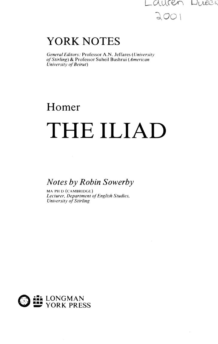 York Notes on "The Iliad" by Homer by Robin Sowerby