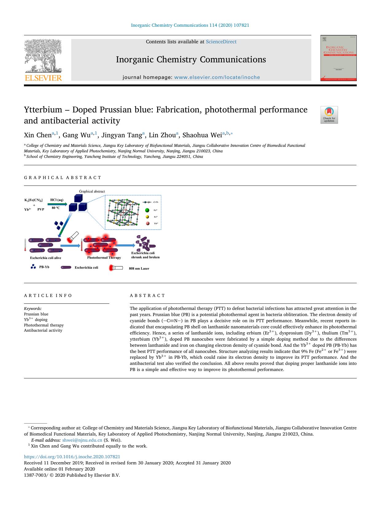 Ytterbium â Doped Prussian blue_ Fabrication, photothermal performance and antibacterial activity by Xin Chen & Gang Wu & Jingyan Tang & Lin Zhou & Shaohua Wei