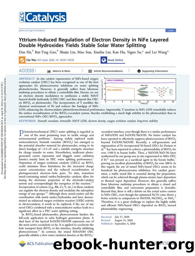 Yttrium-Induced Regulation of Electron Density in NiFe Layered Double Hydroxides Yields Stable Solar Water Splitting by Dan He Rui-Ting Gao Shujie Liu Mao Sun Xianhu Liu Kan Hu Yiguo Su & Lei Wang
