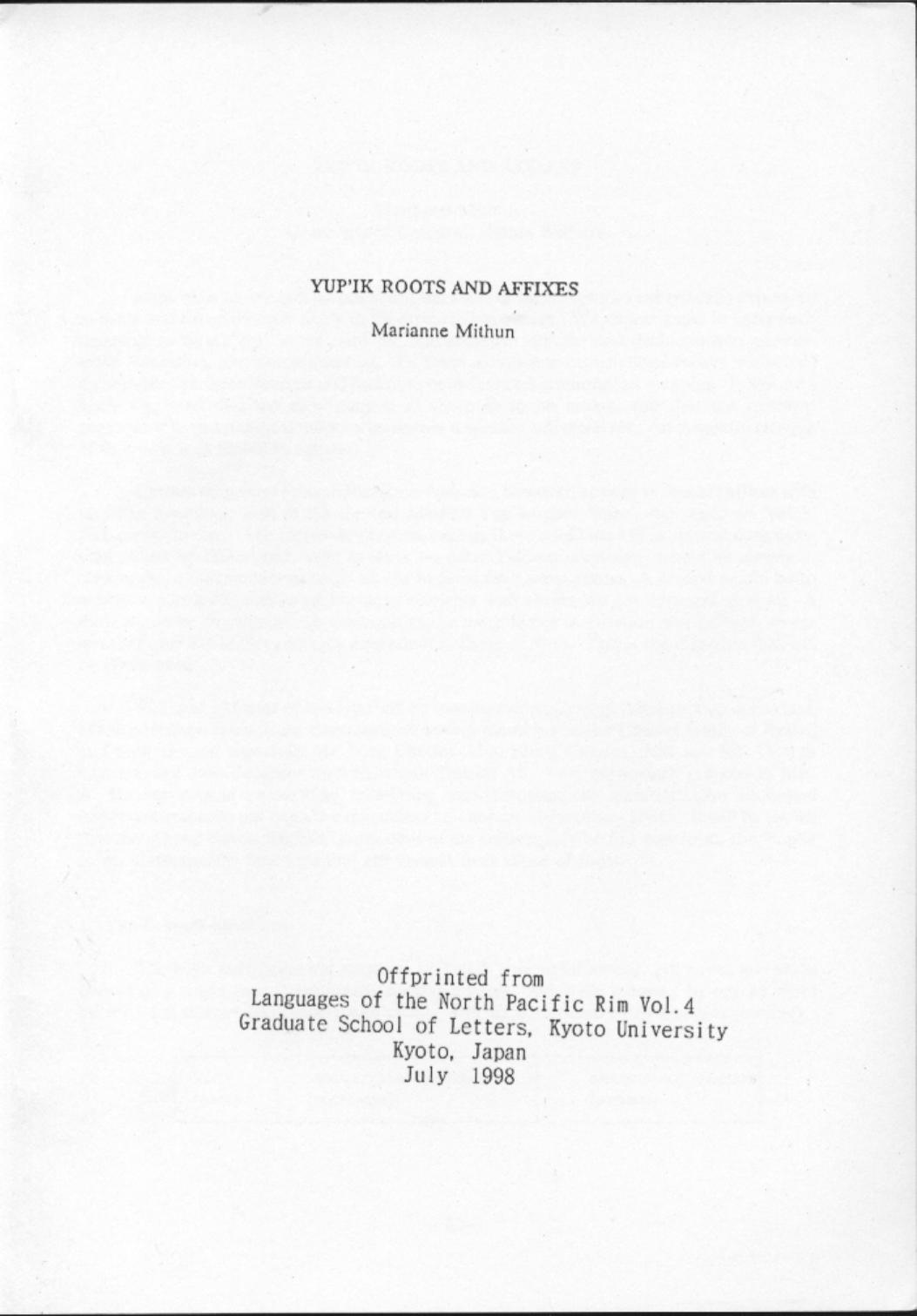 Yupik Roots and Affixes by Marianne Mithun