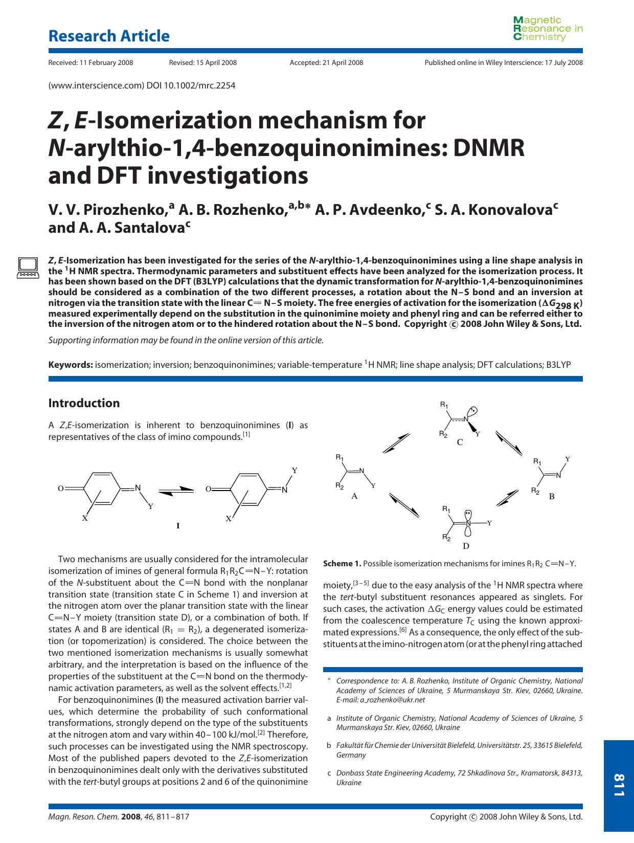 Z, E-Isomerization mechanism for N-arylthio-1,4-benzoquinonimines: DNMR and DFT investigations by Unknown