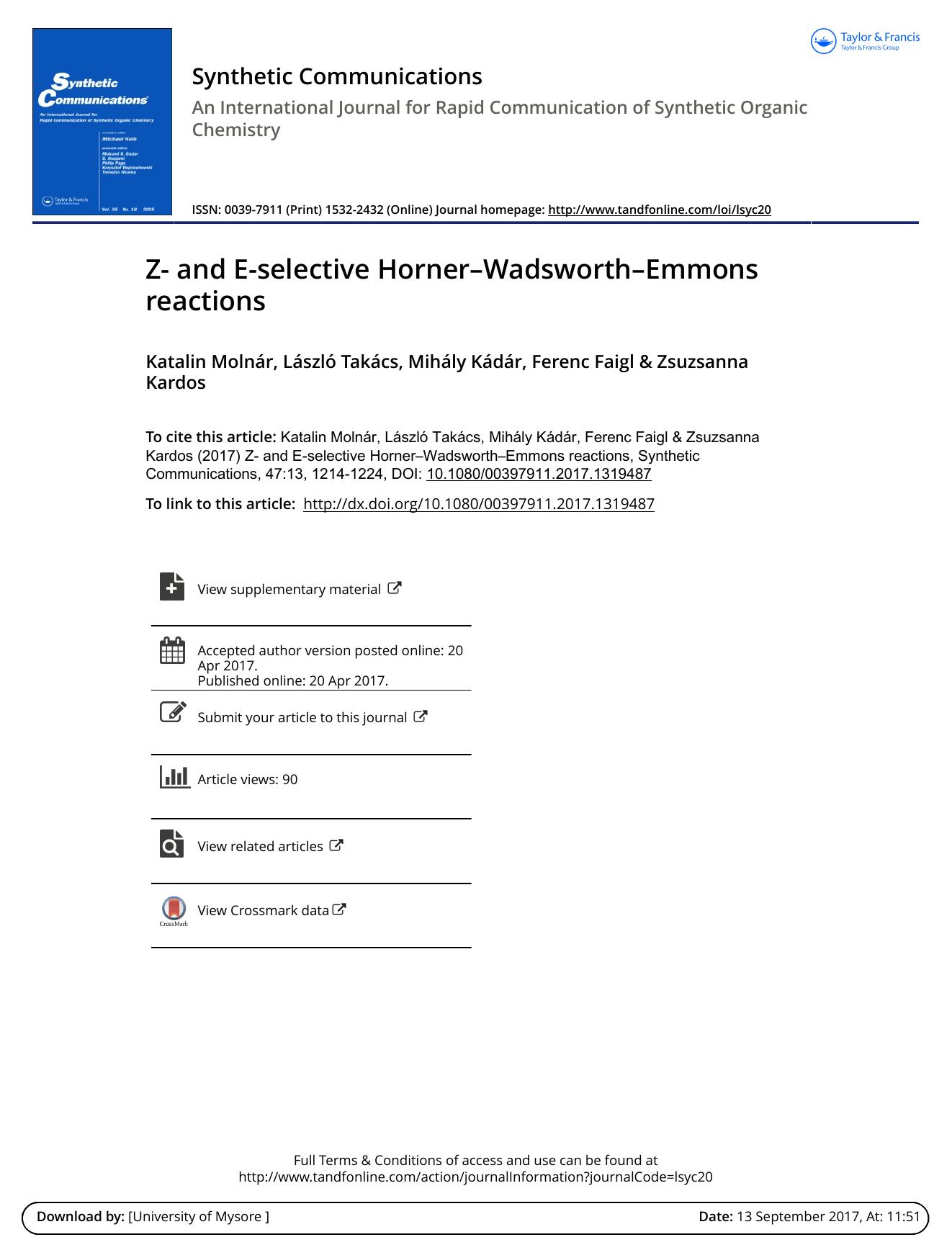 Z- and E-selective HornerâWadsworthâEmmons reactions by Katalin Molnár