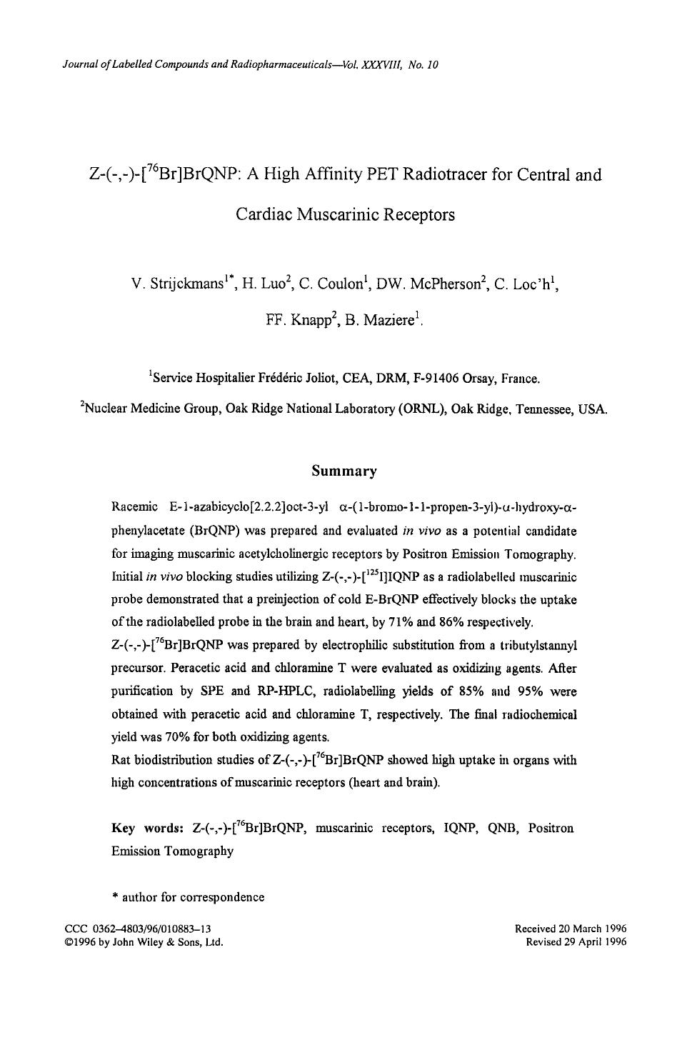 Z-(-,-)-[76Br]BrQNP: A high affinity PET radiotracer for central and cardiac muscarinic receptors by Unknown