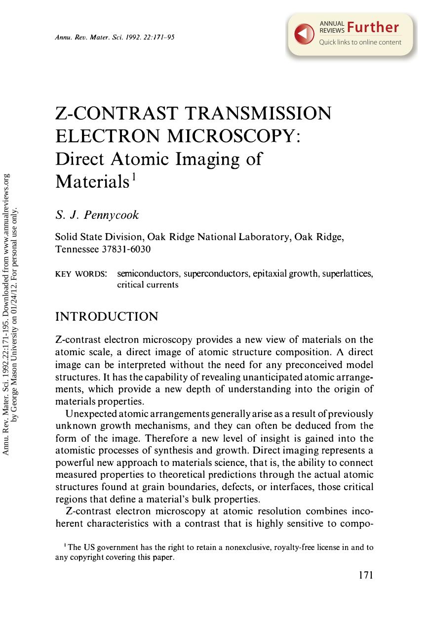Z-Contrast Transmission Electron Microscopy: Direct Atomic Imaging of Materials by S J Pennycook