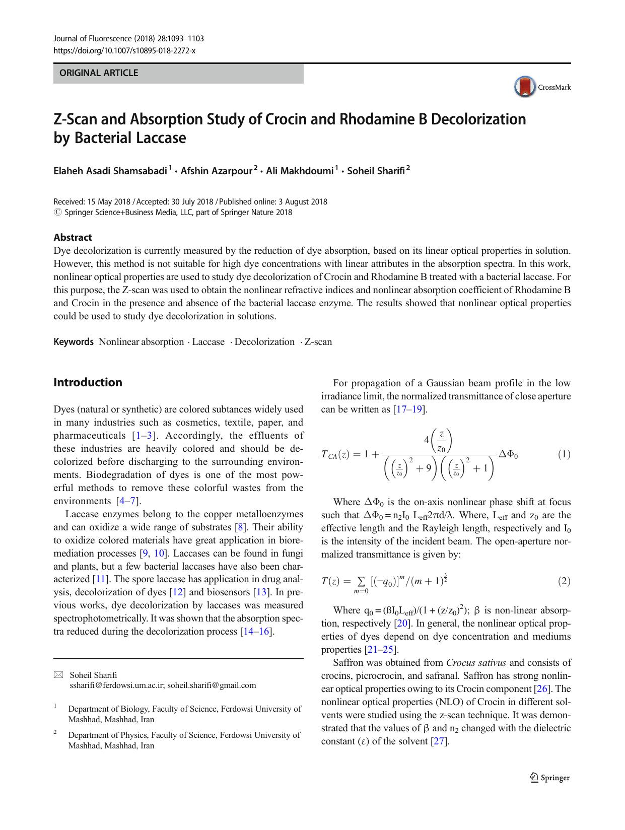 Z-Scan and Absorption Study of Crocin and Rhodamine B Decolorization by Bacterial Laccase by Elaheh Asadi Shamsabadi & Afshin Azarpour & Ali Makhdoumi & Soheil Sharifi
