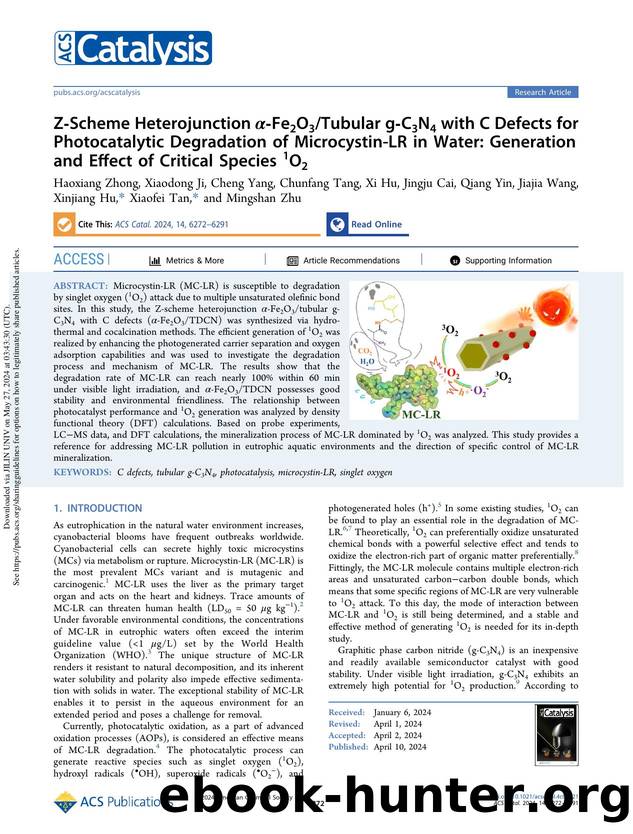 Z-Scheme Heterojunction Î±-Fe2O3Tubular g-C3N4 with C Defects for Photocatalytic Degradation of Microcystin-LR in Water: Generation and Effect of Critical Species 1O2 by unknow
