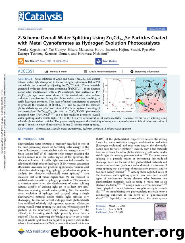 Z-Scheme Overall Water Splitting Using ZnxCd1âxSe Particles Coated with Metal Cyanoferrates as Hydrogen Evolution Photocatalysts by unknow