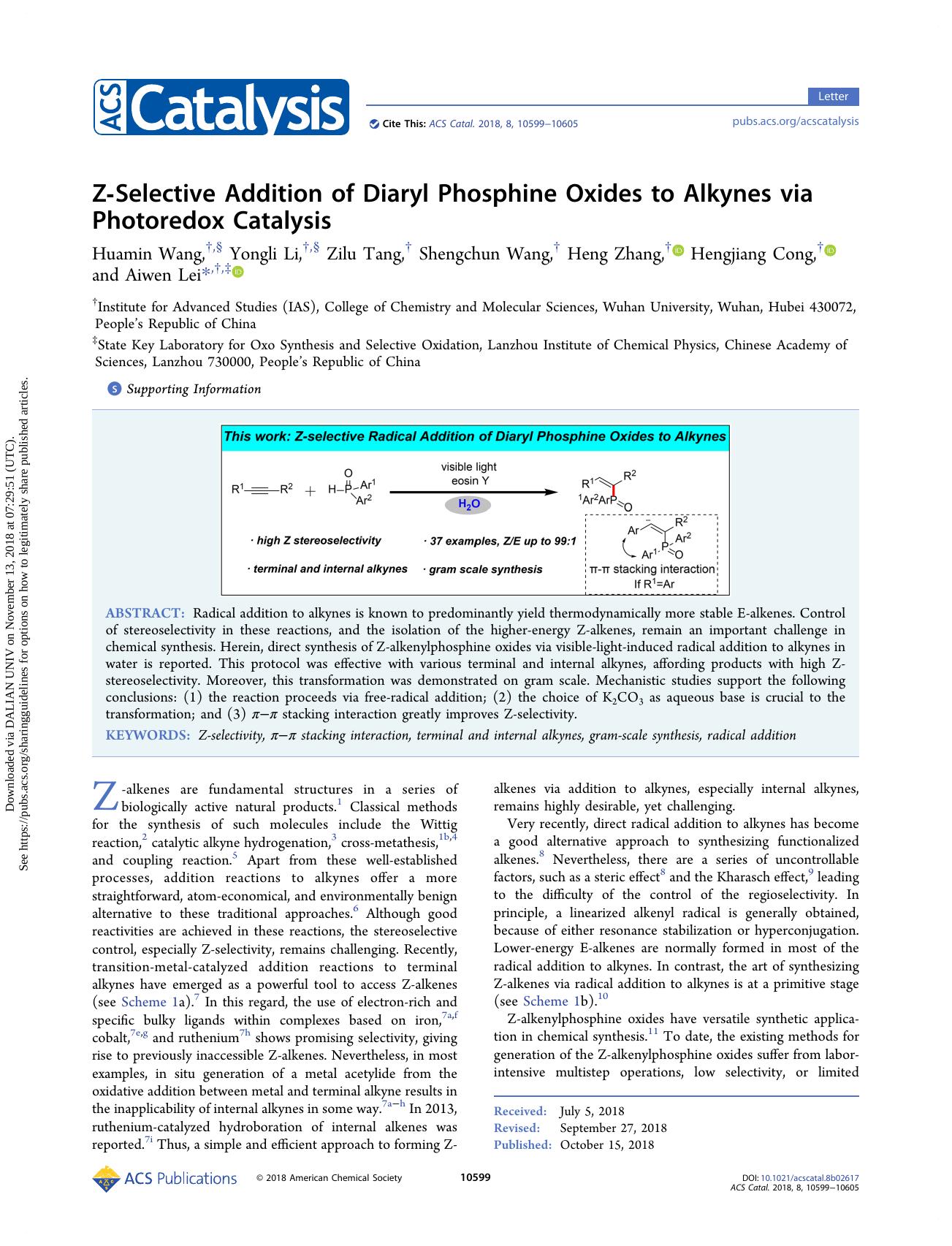Z-Selective Addition of Diaryl Phosphine Oxides to Alkynes via Photoredox Catalysis by Huamin Wang & Yongli Li & Zilu Tang & Shengchun Wang & Heng Zhang & Hengjiang Cong & Aiwen Lei