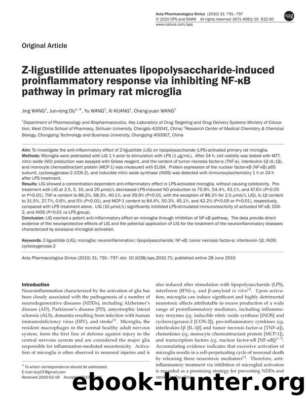 Z-ligustilide attenuates lipopolysaccharide-induced proinflammatory response via inhibiting NF-ÎºB pathway in primary rat microglia by Jing Wang & Jun-rong Du & Yu Wang & Xi Kuang & Cheng-yuan Wang