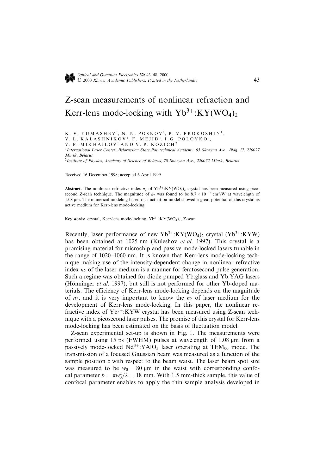 Z-scan measurements of nonlinear refraction and Kerr-lens mode-locking with Yb3+:KY(WO4)2 by Unknown
