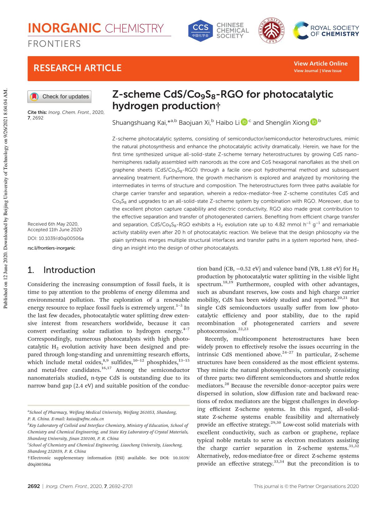 Z-scheme CdSCo9S8-RGO for photocatalytic hydrogen production by Shuangshuang Kai Baojuan Xi Haibo Li Shenglin Xiong