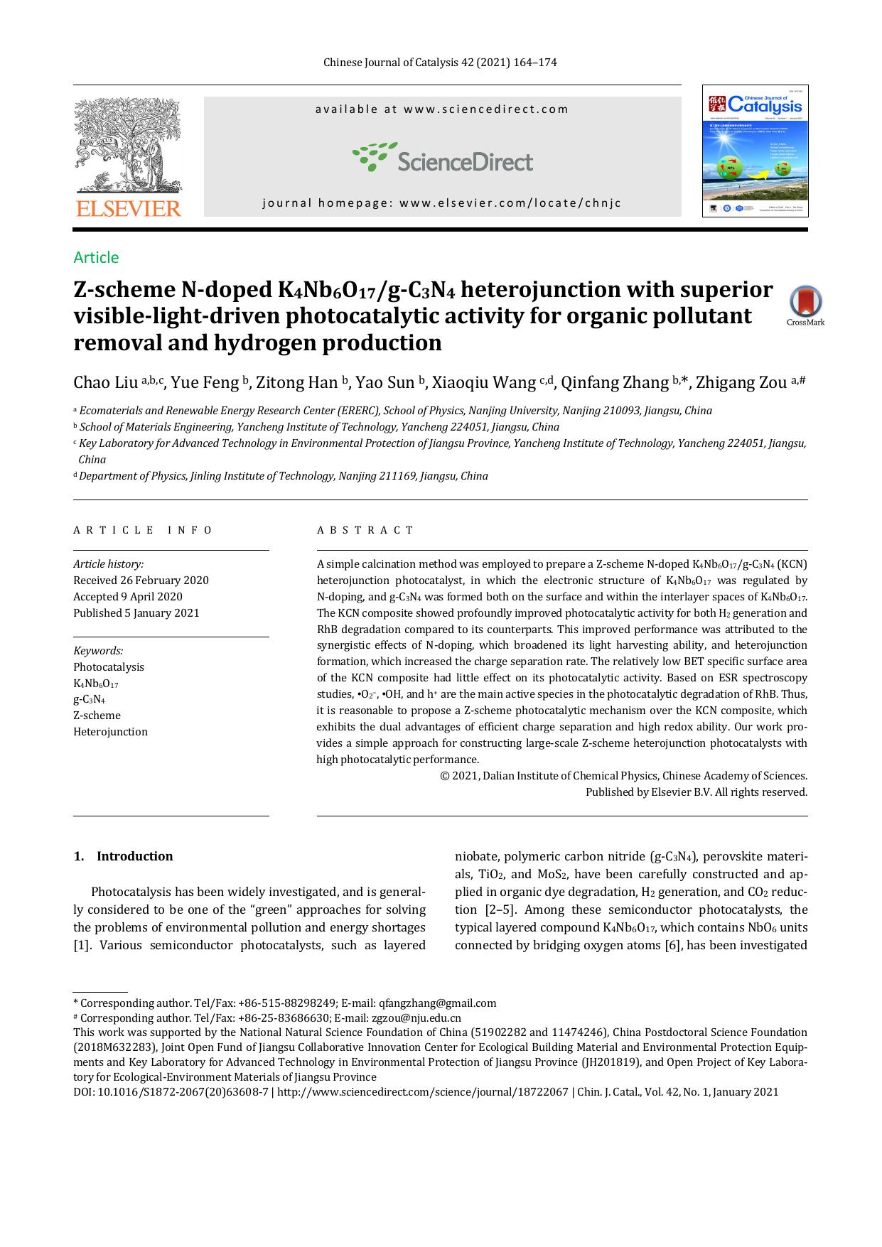 Z-scheme N-doped K4Nb6O17g-C3N4 heterojunction with superior visible-light-driven photocatalytic activity for organic pollutant removal and hydrogen production by Chao Liu & Yue Feng & Zitong Han & Yao Sun & Xiaoqiu Wang & Qinfang Zhang & Zhigang Zou