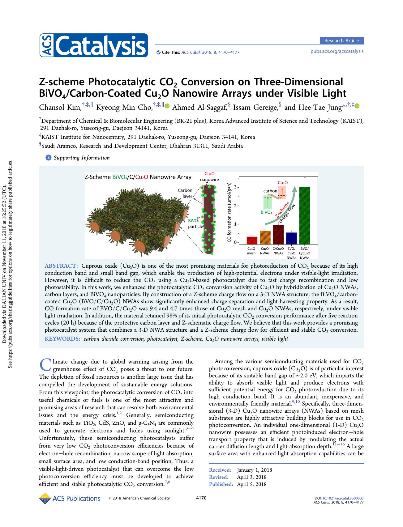 Z-scheme Photocatalytic CO2 Conversion on Three-Dimensional BiVO4Carbon-Coated Cu2O Nanowire Arrays under Visible Light by Chansol Kim & Kyeong Min Cho & Ahmed Al-Saggaf & Issam Gereige & Hee-Tae Jung