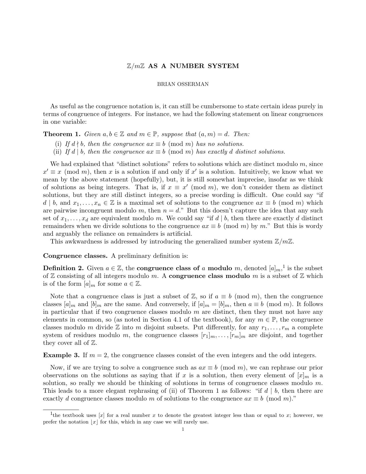 Z/mZ as a number system by Brian Osserman