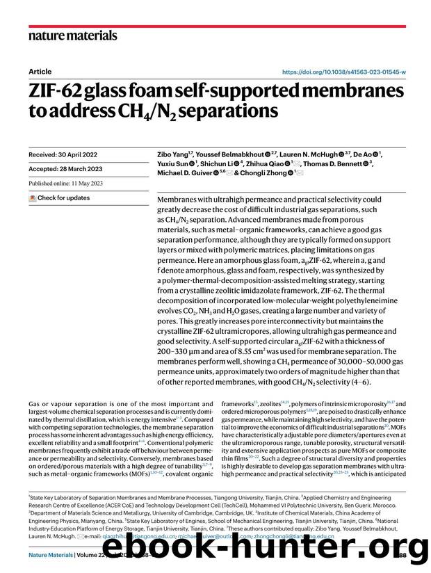 ZIF-62 glass foam self-supported membranes to address CH4N2 separations by unknow