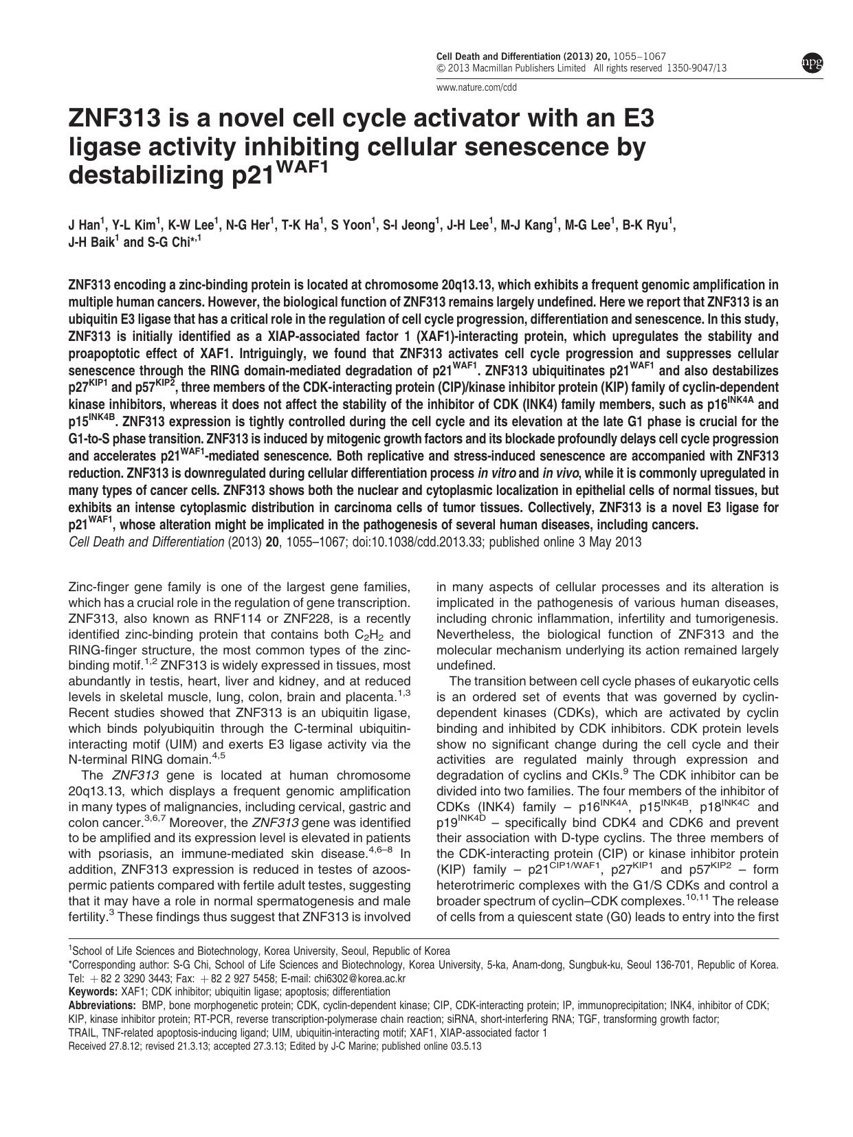 ZNF313 is a novel cell cycle activator with an E3 ligase activity inhibiting cellular senescence by destabilizing p21WAF1 by unknow