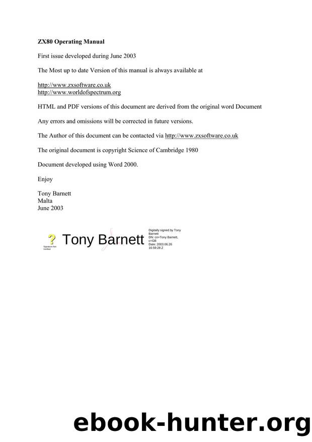 ZX80 Operating Manual by Tony Barnett