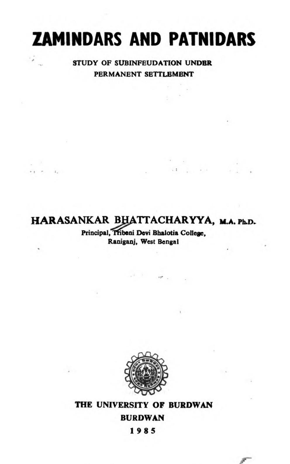 Zamindars and patnidars : study of subinfeudation under permanent settlement by Harasankar Bhattacharyya