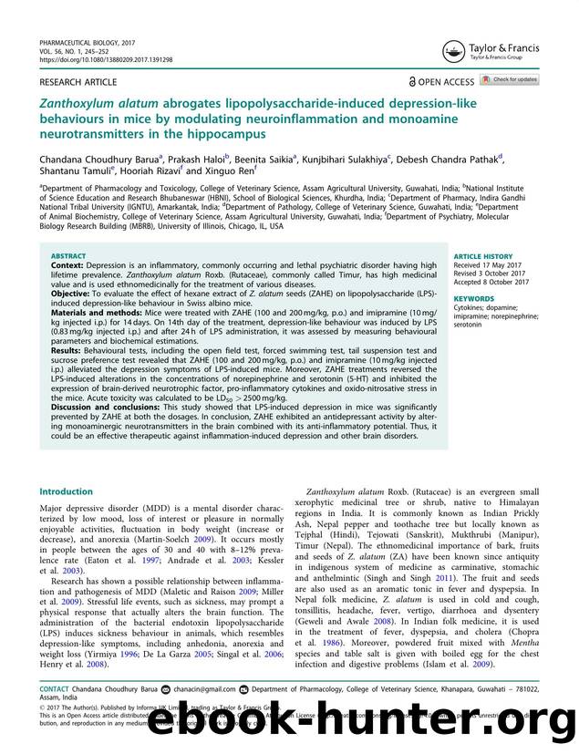 Zanthoxylum alatum abrogates lipopolysaccharide-induced depression-like behaviours in mice by modulating neuroinflammation and monoamine neurotransmitters in the hippocampus by unknow