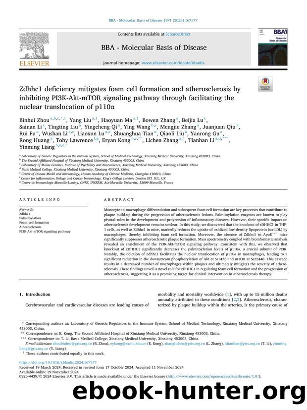 Zdhhc1 deficiency mitigates foam cell formation and atherosclerosis by inhibiting PI3K-Akt-mTOR signaling pathway through facilitating the nuclear translocation of p110Î± by unknow