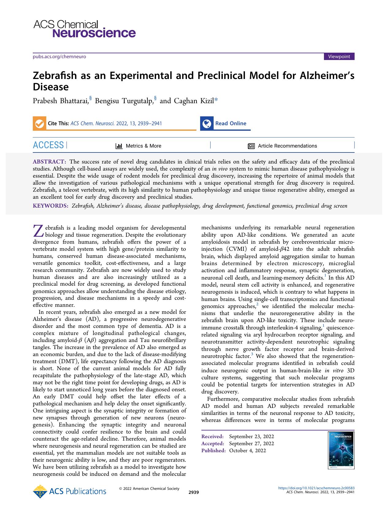 Zebrafish as an Experimental and Preclinical Model for Alzheimerâs Disease by Prabesh Bhattarai Bengisu Turgutalp and Caghan Kizil