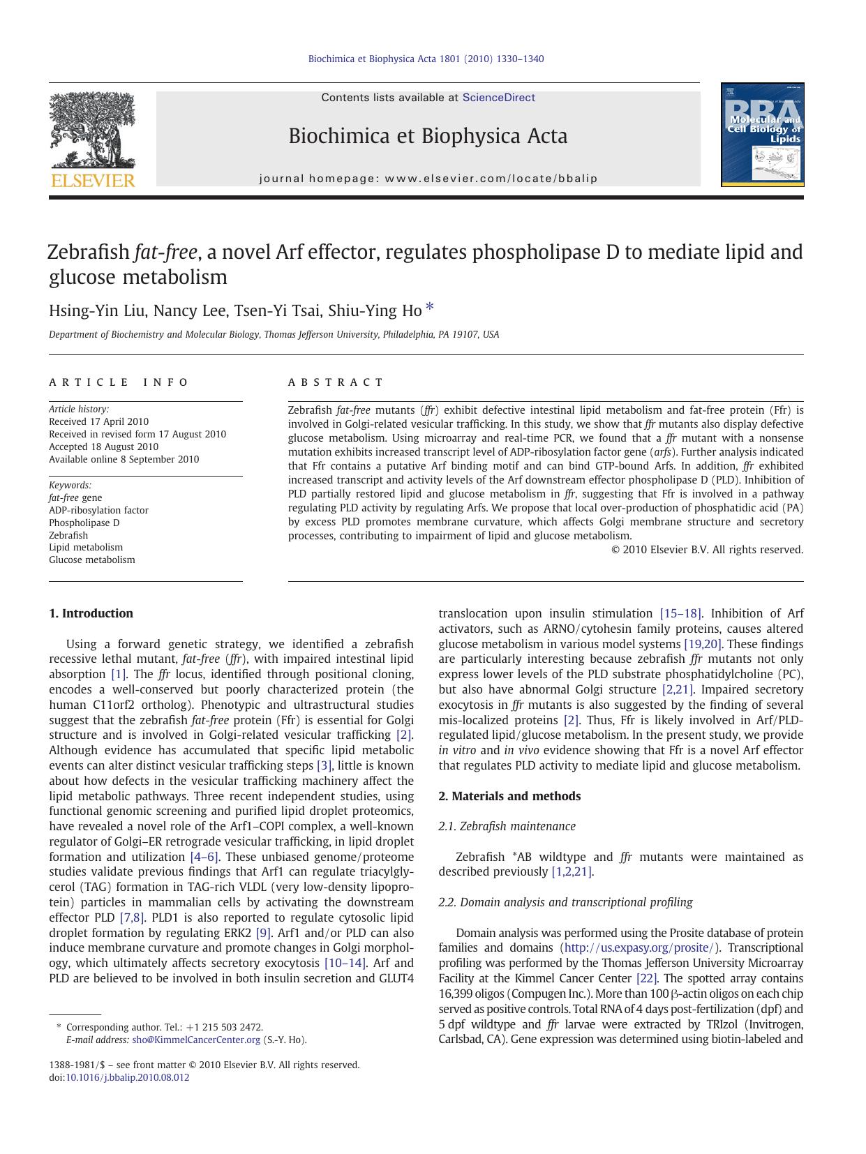 Zebrafish fat-free, a novel Arf effector, regulates phospholipase D to mediate lipid and glucose metabolism by Hsing-Yin Liu
