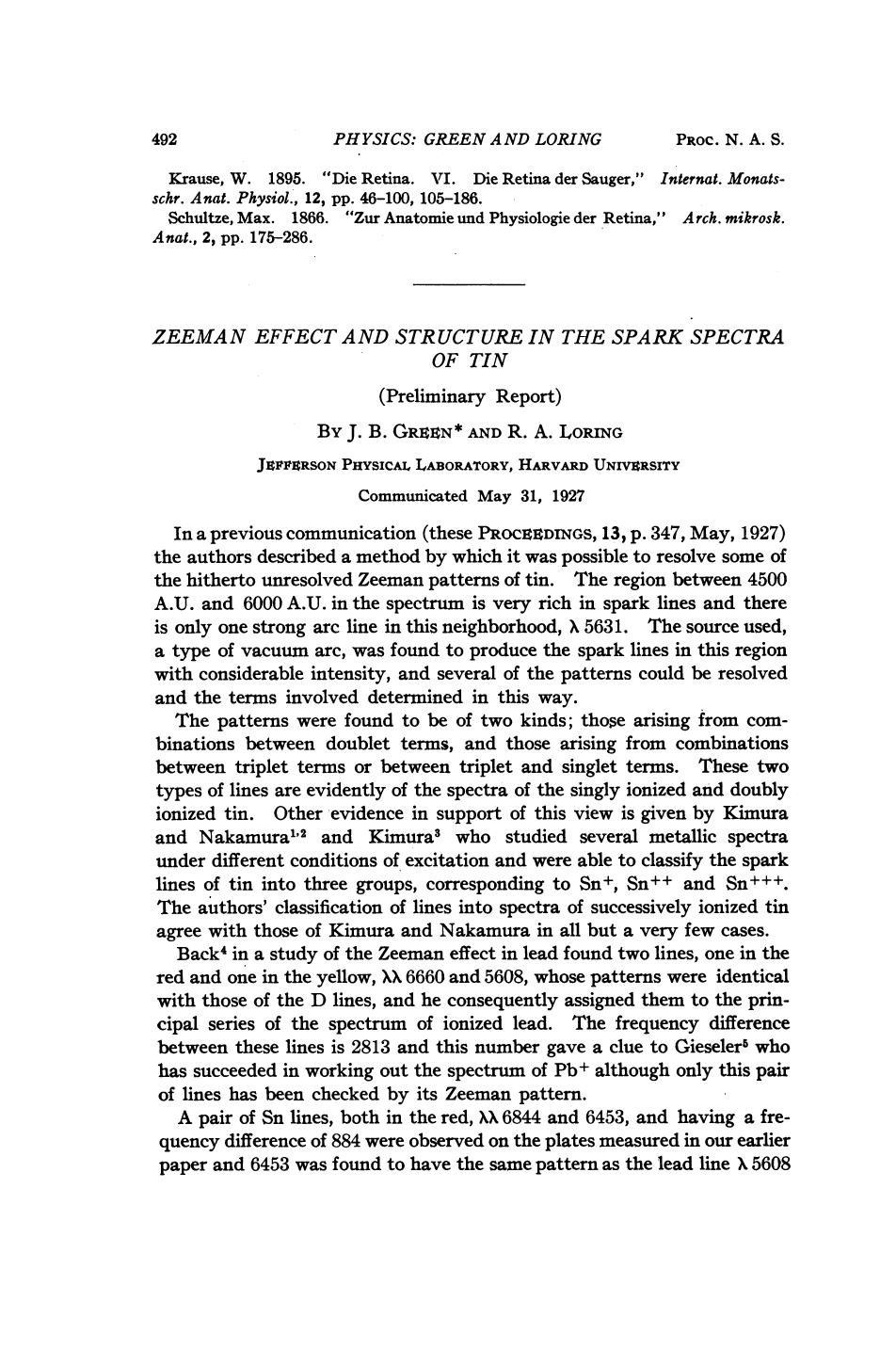 Zeeman Effect and Structure in the Spark Spectra of Tin by Green J.B. Loring R.A