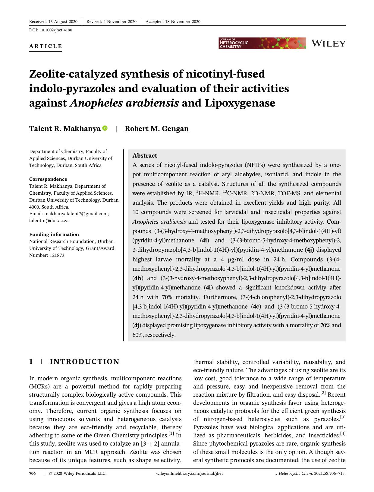 Zeolite Catalysed Synthesis of Nicotinyl Fused Indolo-Pyrazoles and Evaluation of their activities against Anopheles arabiensis and Lipoxygenase by Unknown