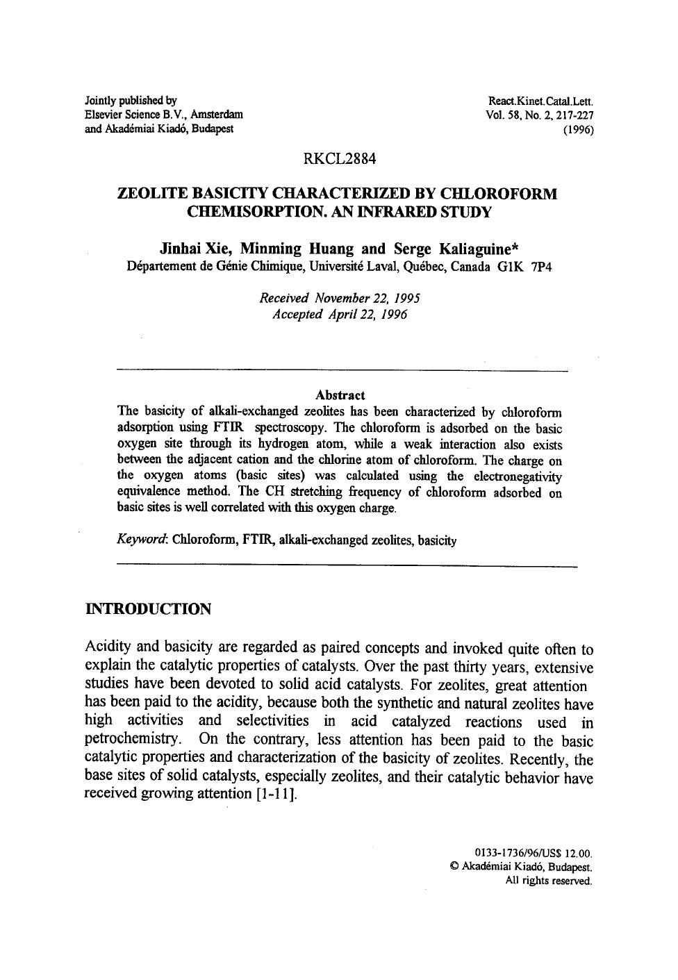 Zeolite basicity characterized by chloroform chemisorption. An infrared study by Unknown