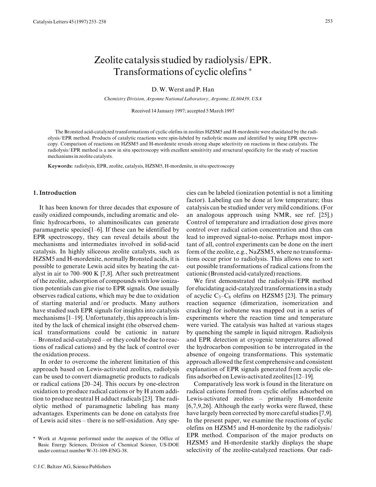 Zeolite catalysis studied by radiolysisEPR. Transformations of cyclic olefins by Unknown