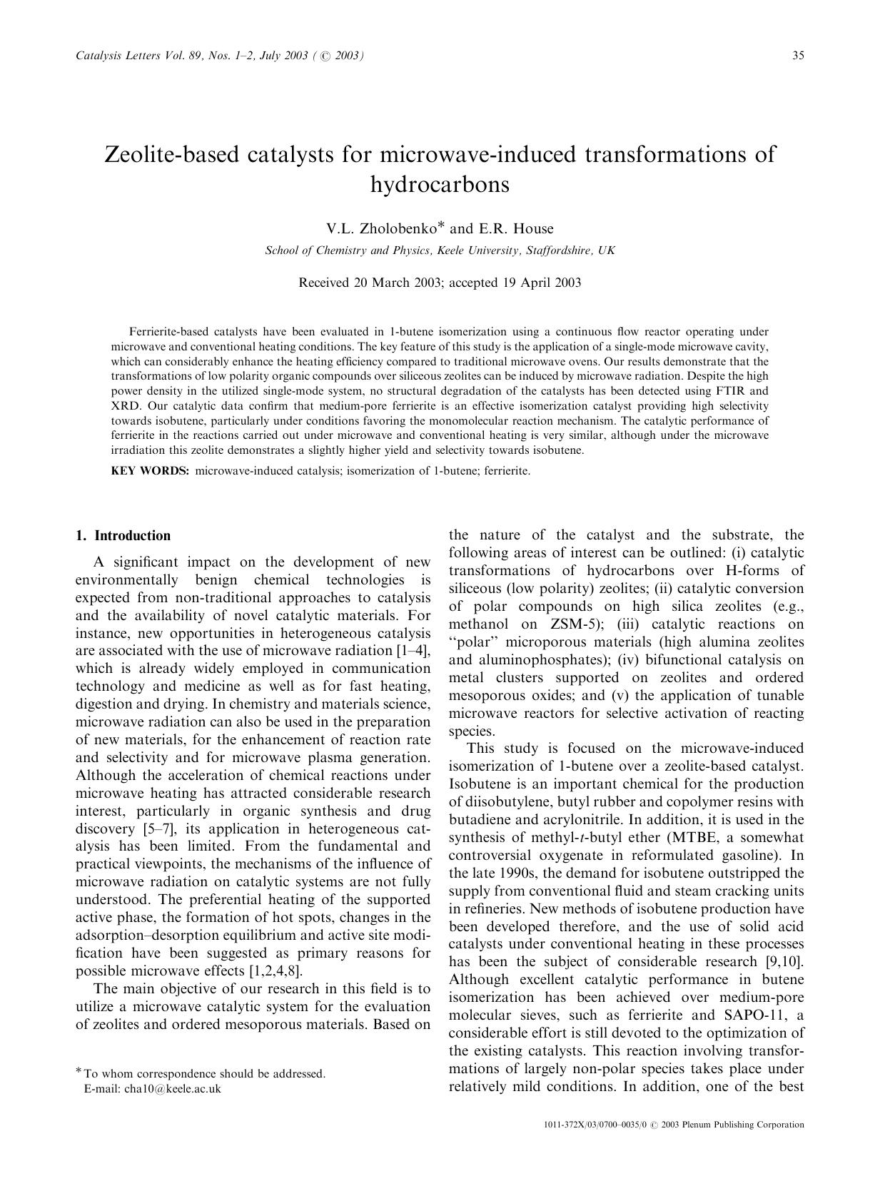 Zeolite-Based Catalysts for Microwave-Induced Transformations of Hydrocarbons by Unknown